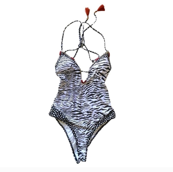 Victorias Secret Zebra Strappy T-Back One Piece Halter Plunge Swim Suit S - Picture 2 of 4